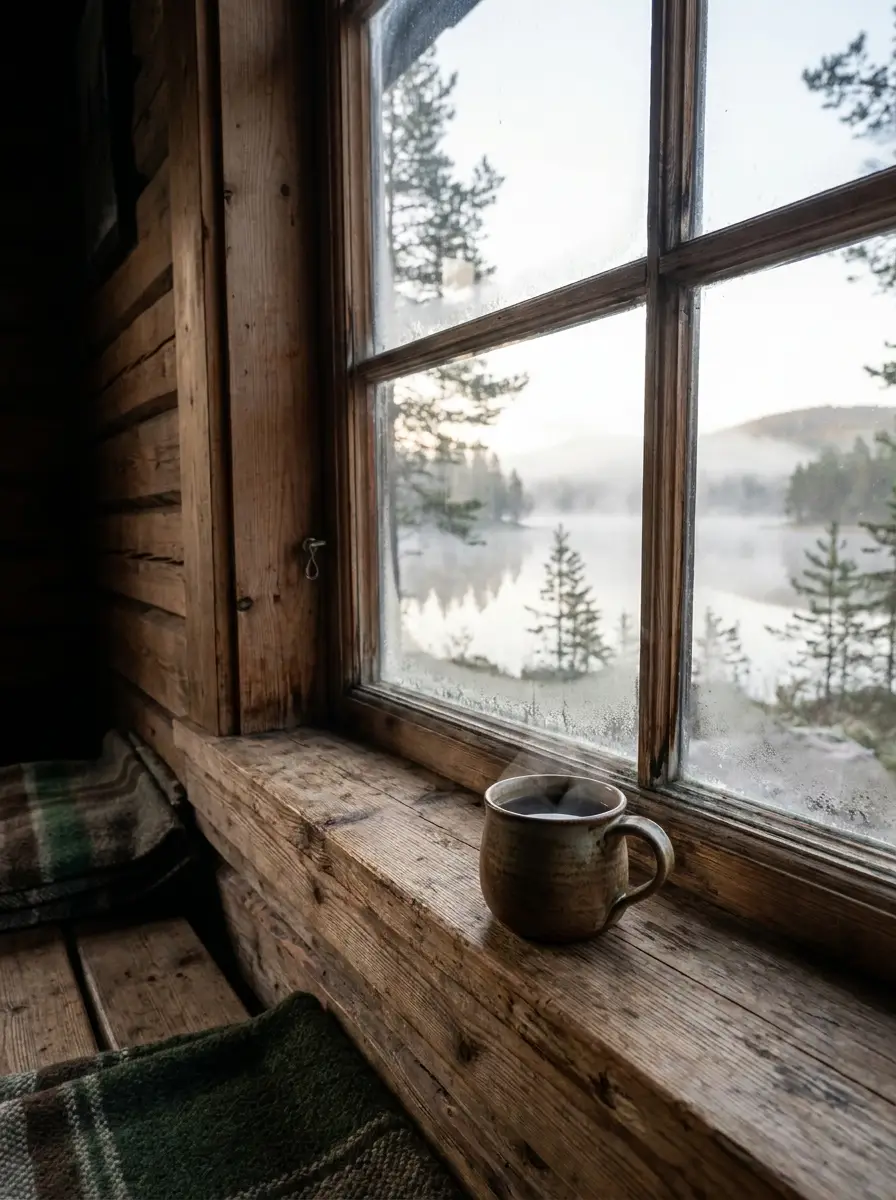 Morgonkaffe i fönstret med utsikt över sjön