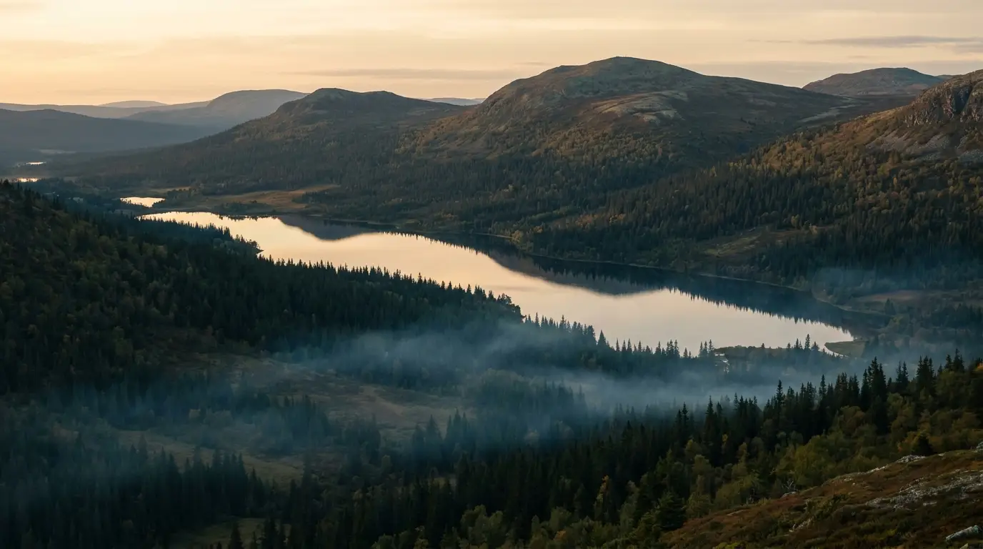 Jämtlandsfjällen och Spegelsjön i gyllene ljus